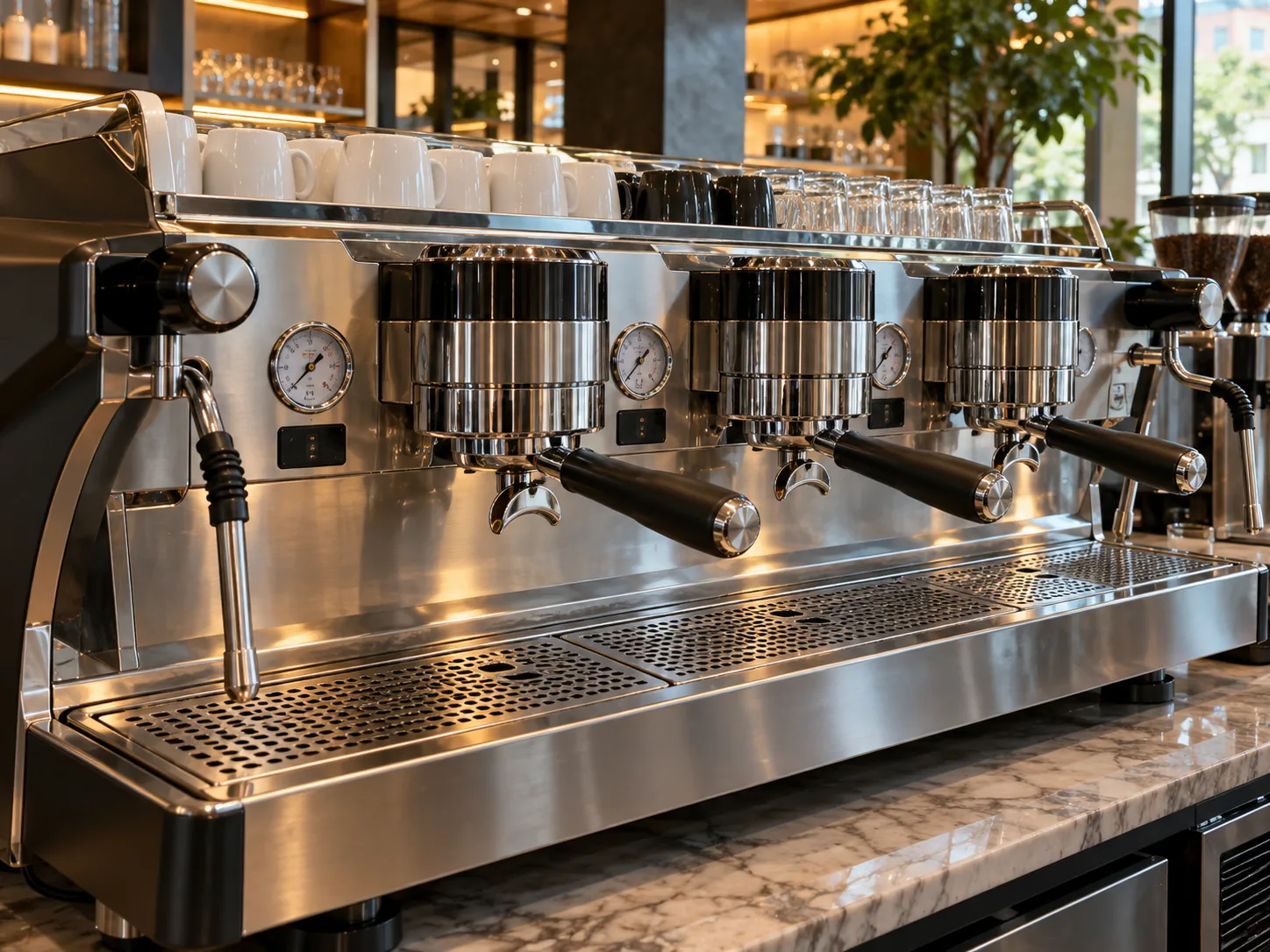 Two-group commercial espresso machine after heating service