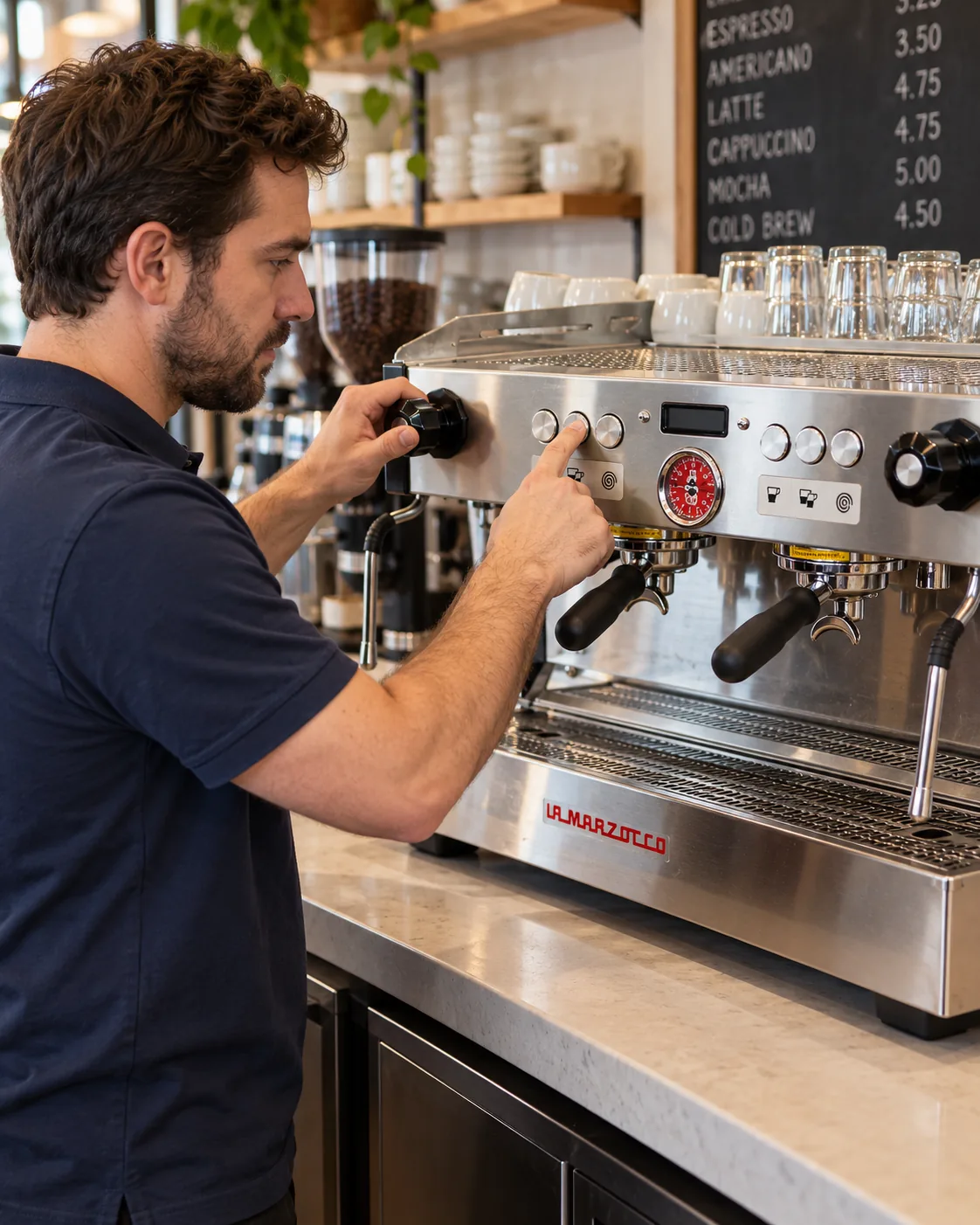 Technician diagnosing a commercial espresso machine in Atlanta