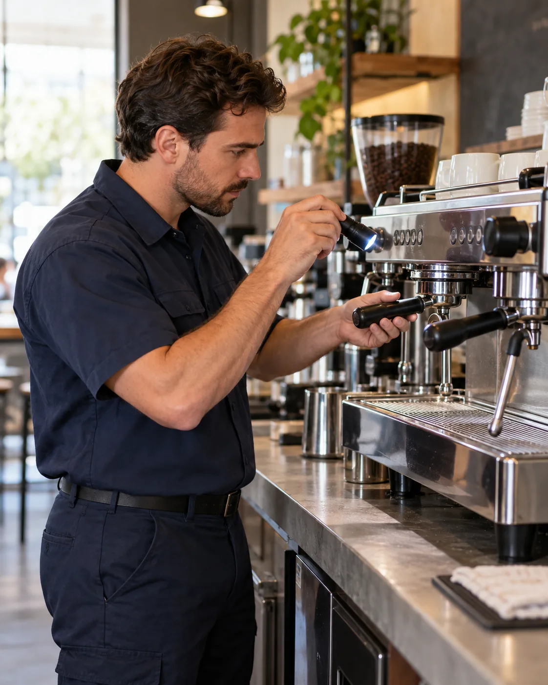 Technician servicing a commercial espresso machine in Tampa