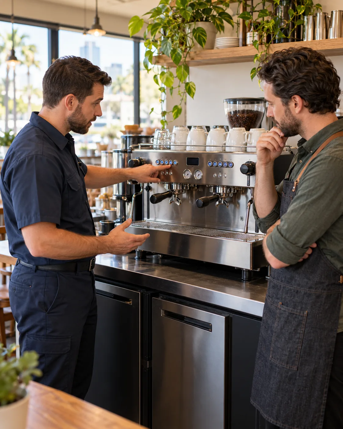 Technician explaining commercial espresso machine findings to a Tampa café manager