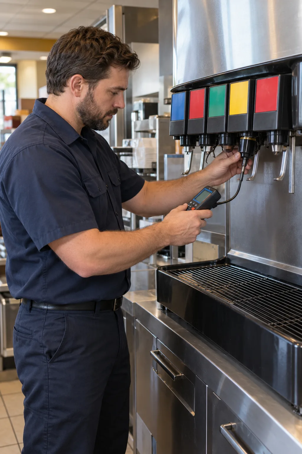 Technician diagnosing a commercial soda fountain in Atlanta