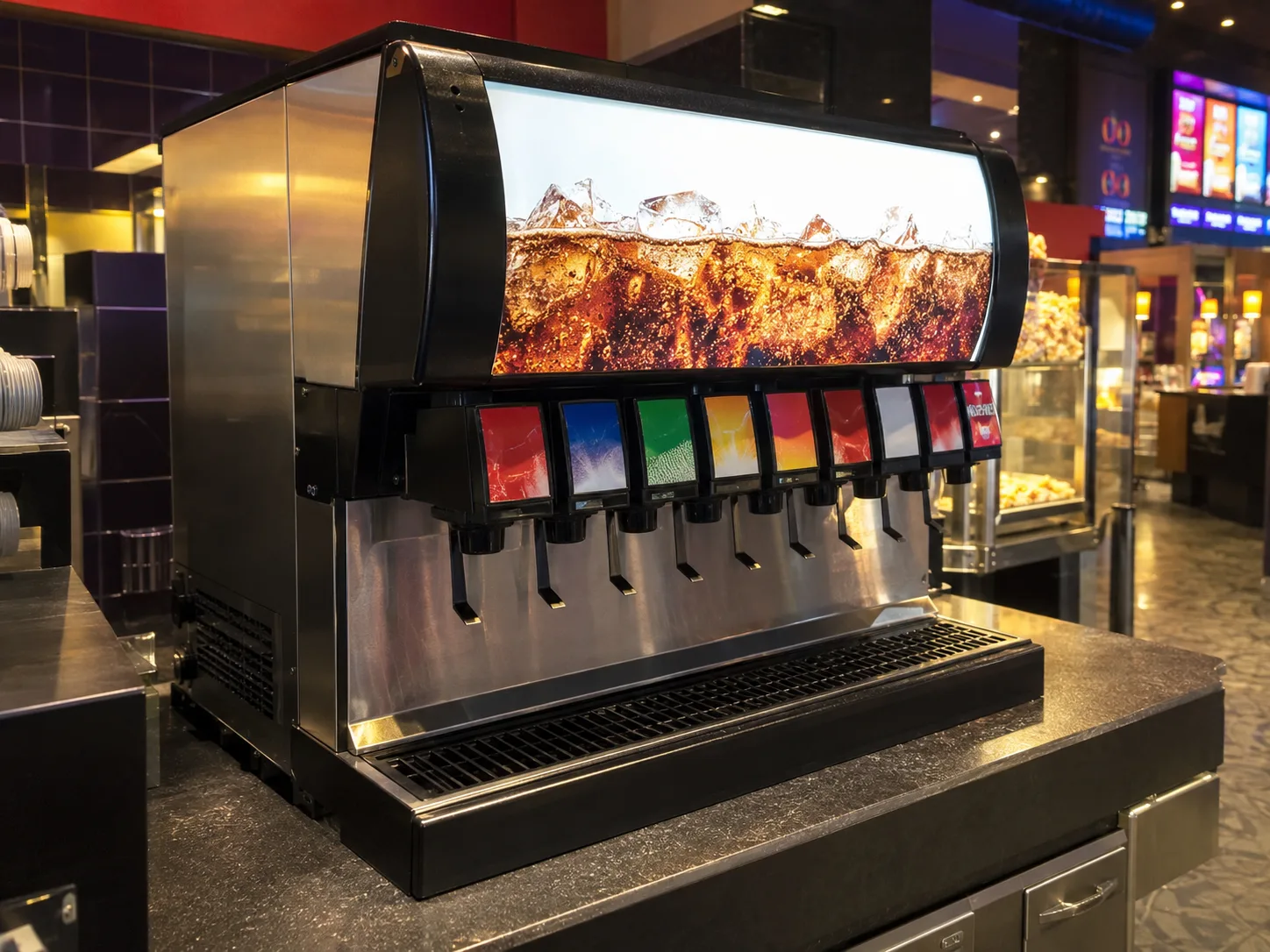 Multi-flavor soda fountain after mixing service