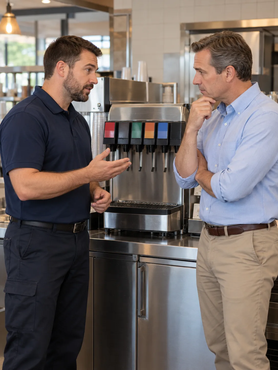 Technician explaining commercial soda fountain findings to an Atlanta restaurant manager