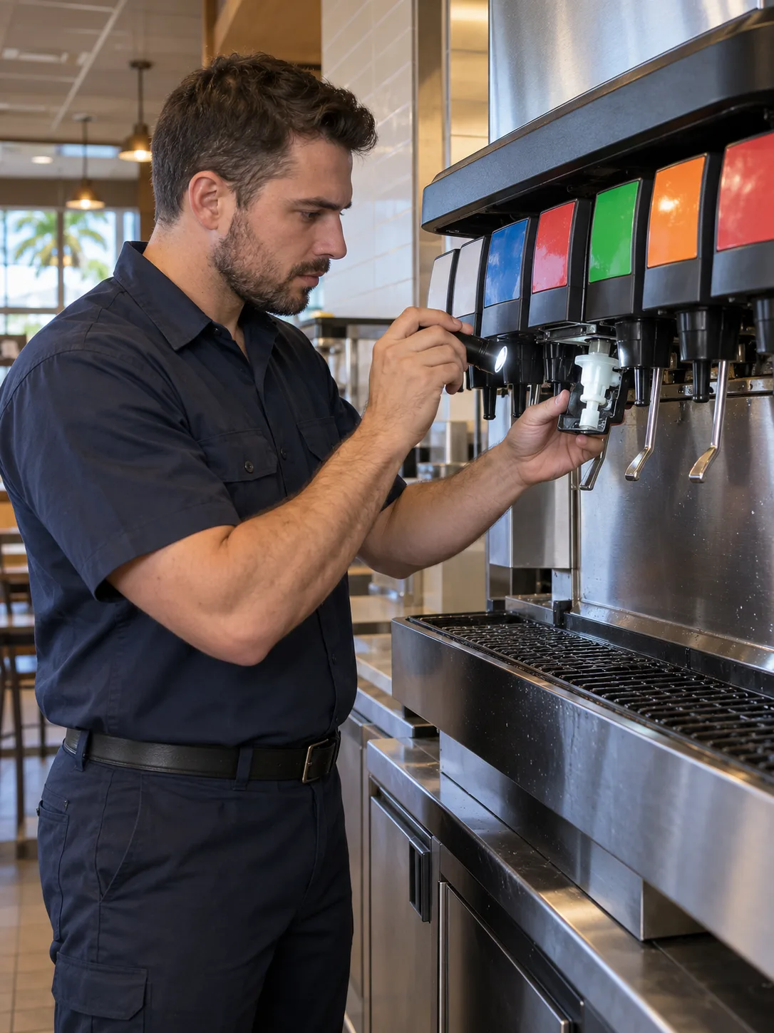 Technician diagnosing a commercial soda fountain in Tampa