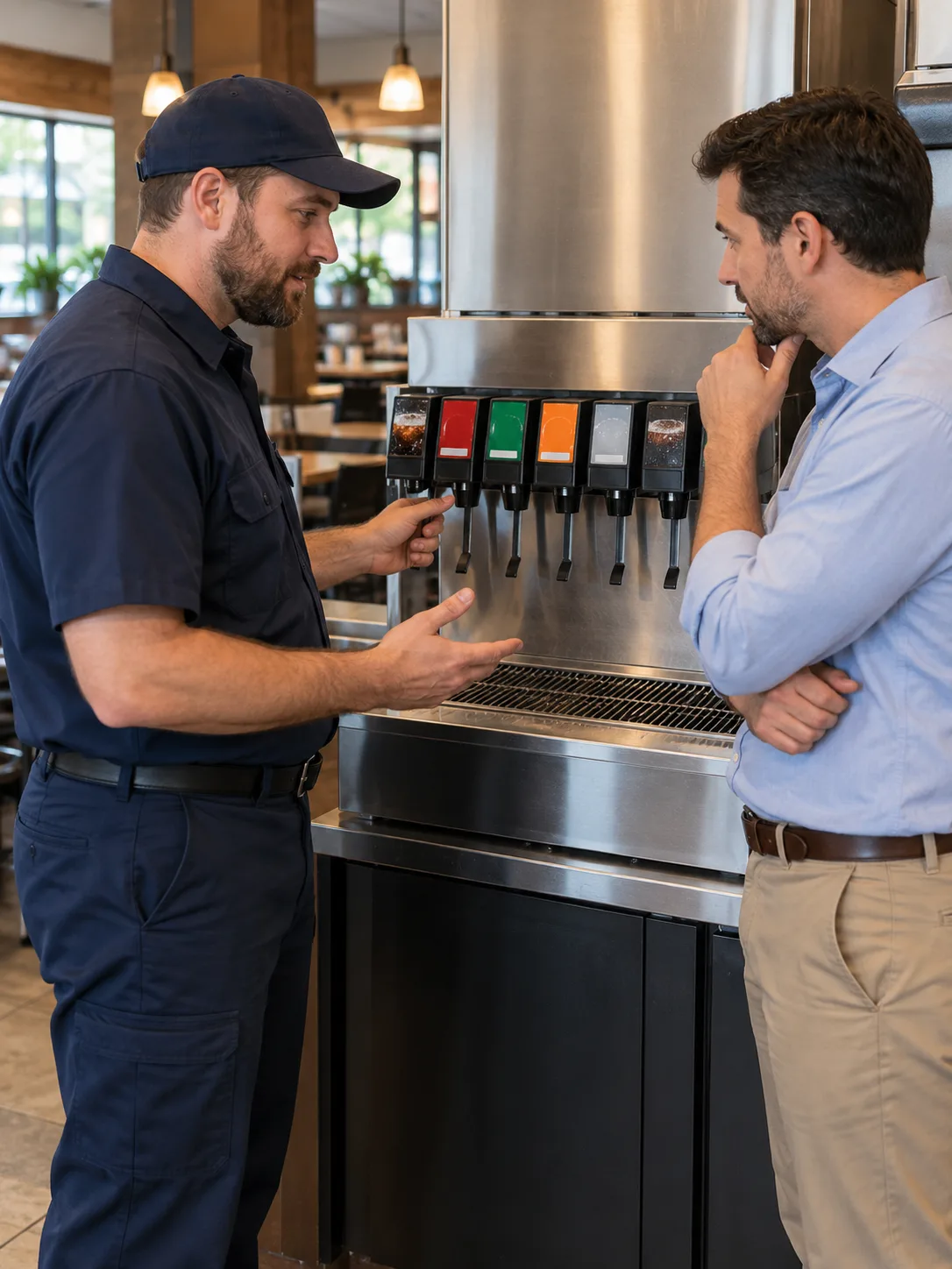 Technician explaining commercial soda fountain findings to a Tampa restaurant manager
