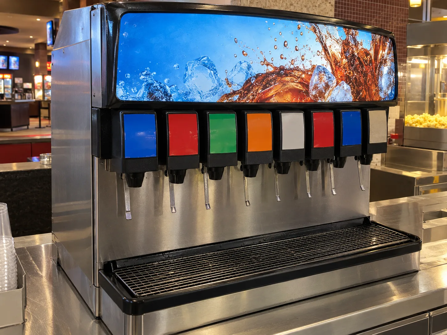 Multi-flavor soda fountain after mixing service