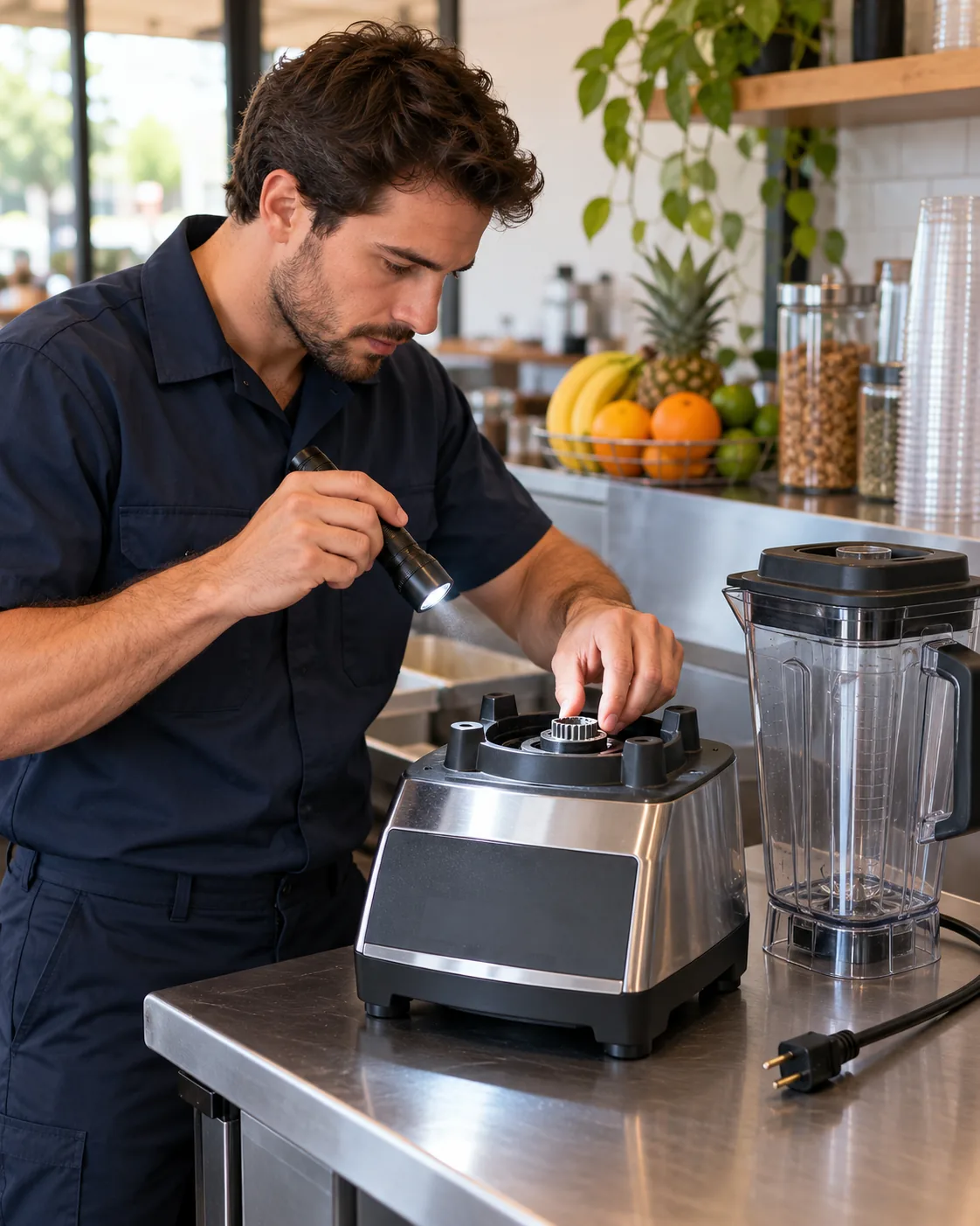 Technician safely diagnosing a commercial blender in an Atlanta smoothie shop