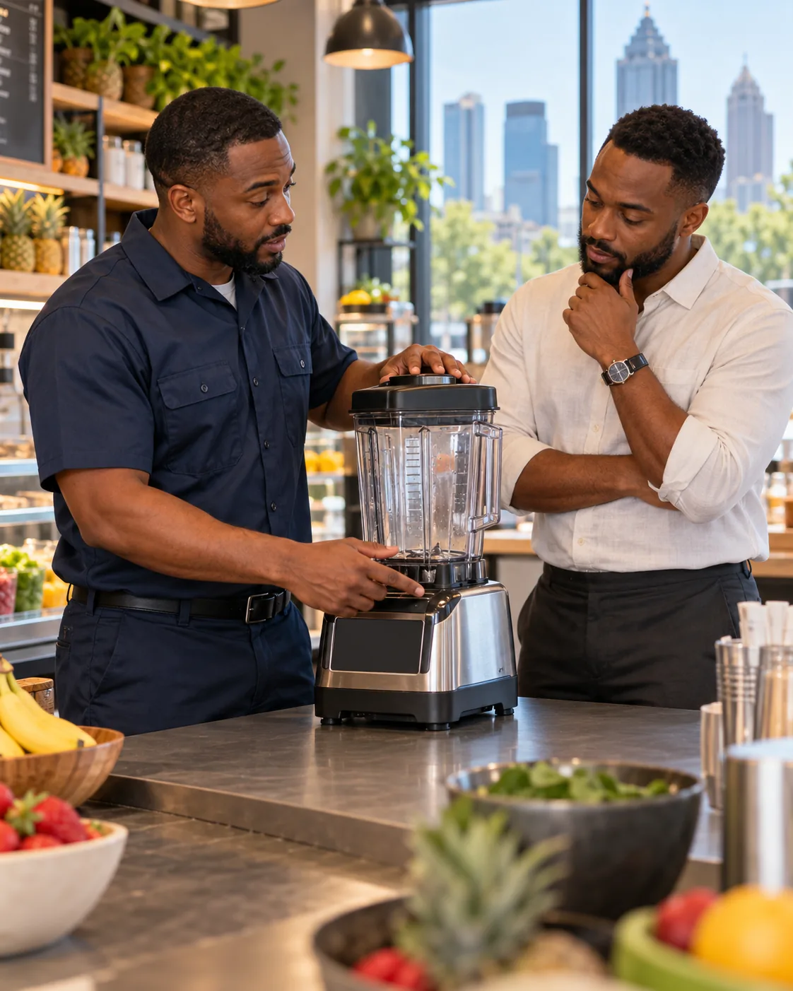 Technician discussing commercial blender diagnostics with an Atlanta café manager