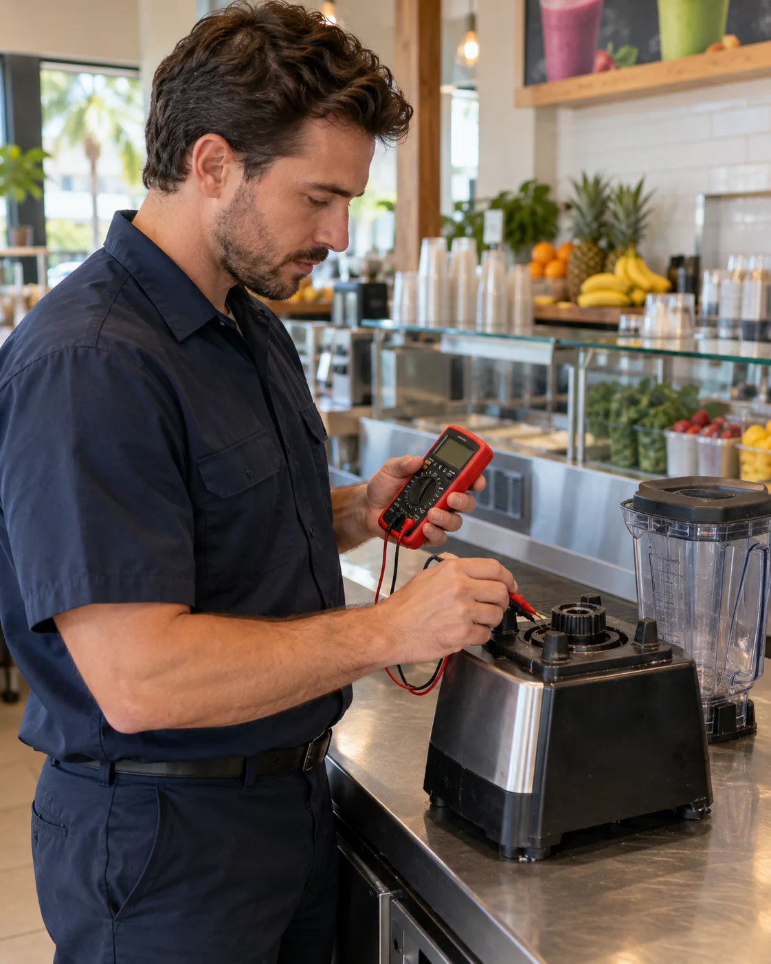Technician safely diagnosing a commercial blender in a Tampa smoothie shop