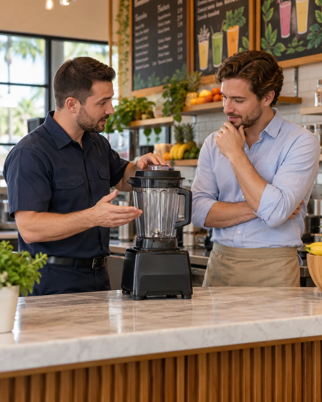 Technician discussing commercial blender diagnostics with a Tampa café manager