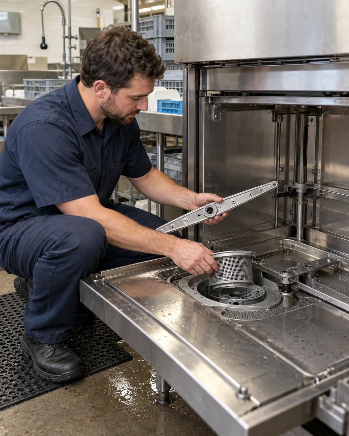 Technician inspecting a commercial dishwasher wash arm and filter in Atlanta