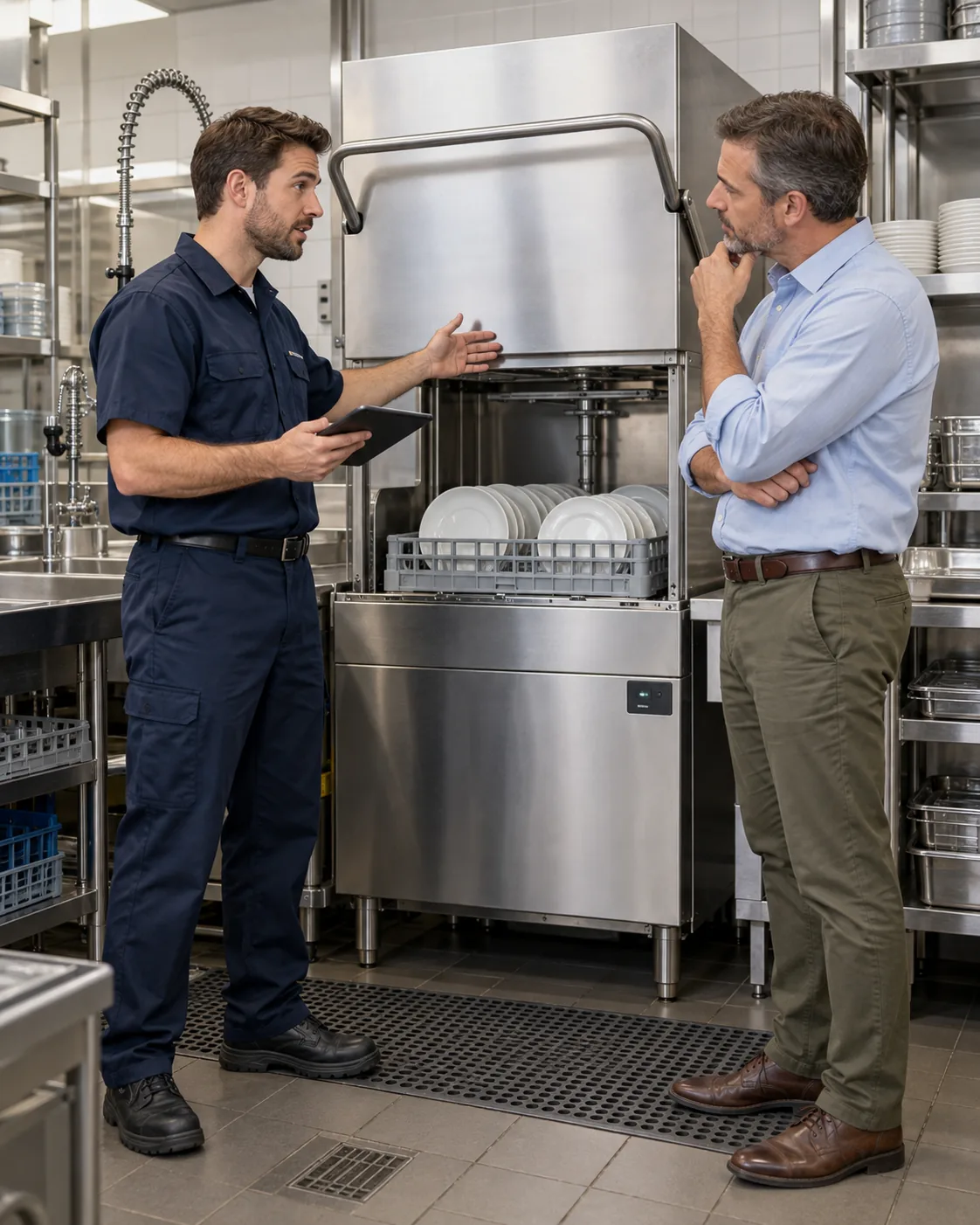 Technician explaining commercial dishwasher diagnostic findings to an Atlanta restaurant manager