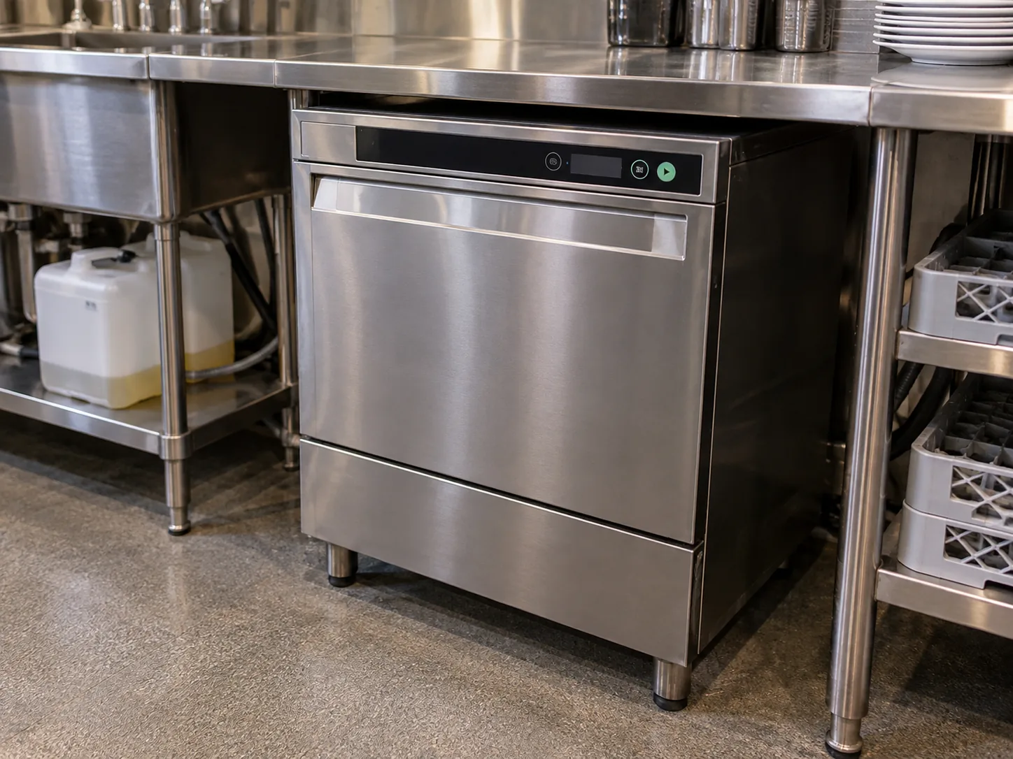 Undercounter commercial dishwasher after drainage service