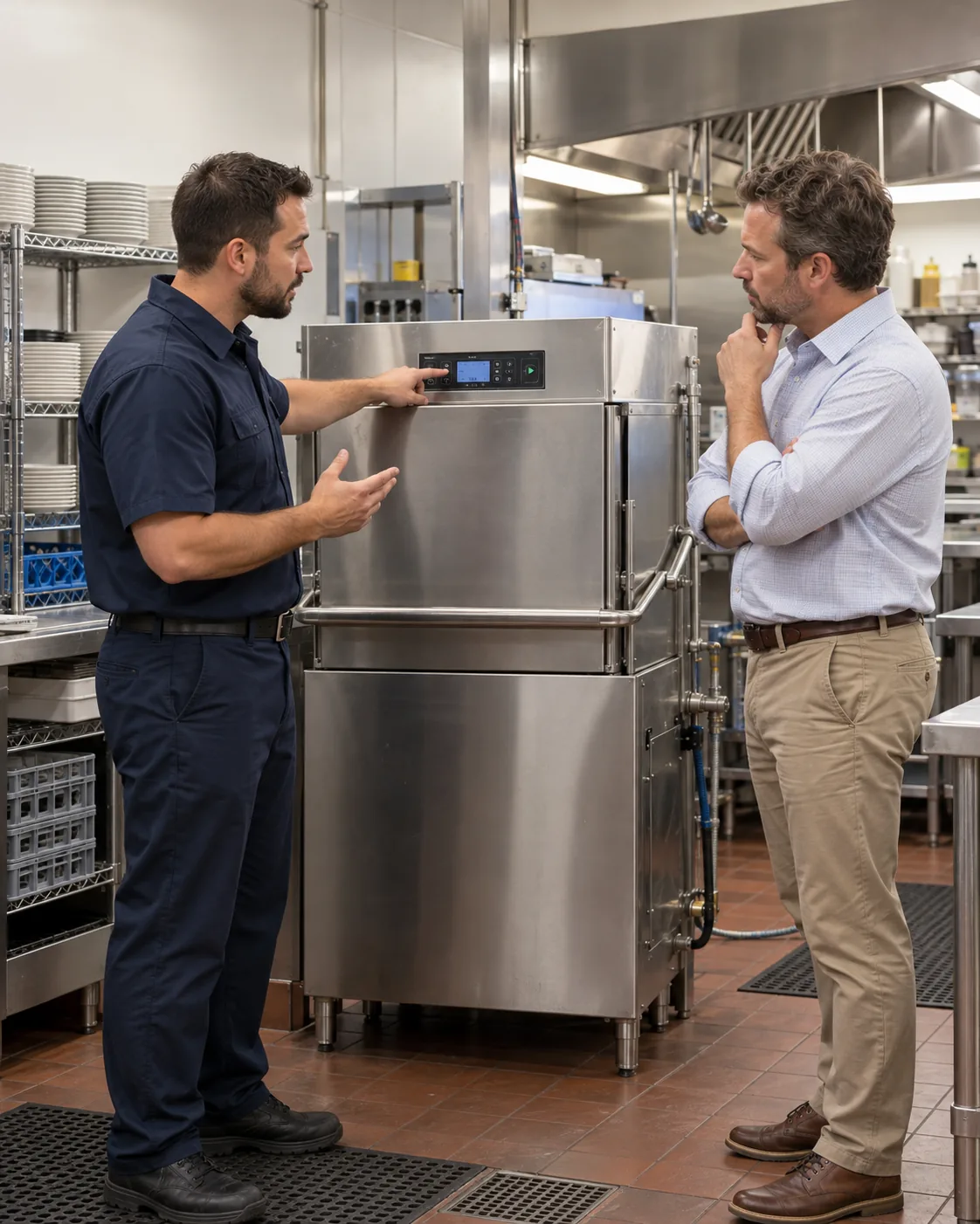 Technician explaining commercial dishwasher diagnostics to a Tampa kitchen manager