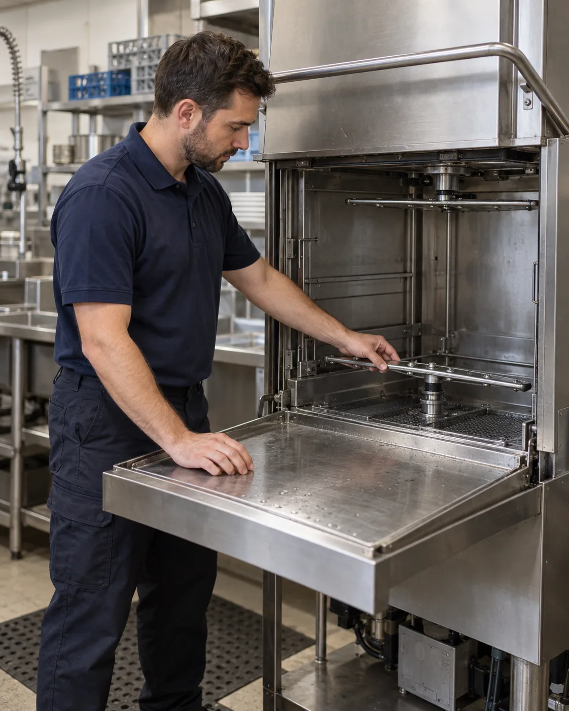 Technician inspecting a commercial dishwasher spray arm and filter in Tampa