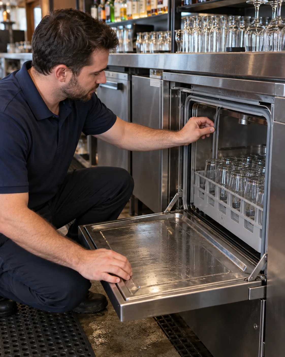 Technician inspecting the attached door gasket on a commercial glasswasher in Atlanta