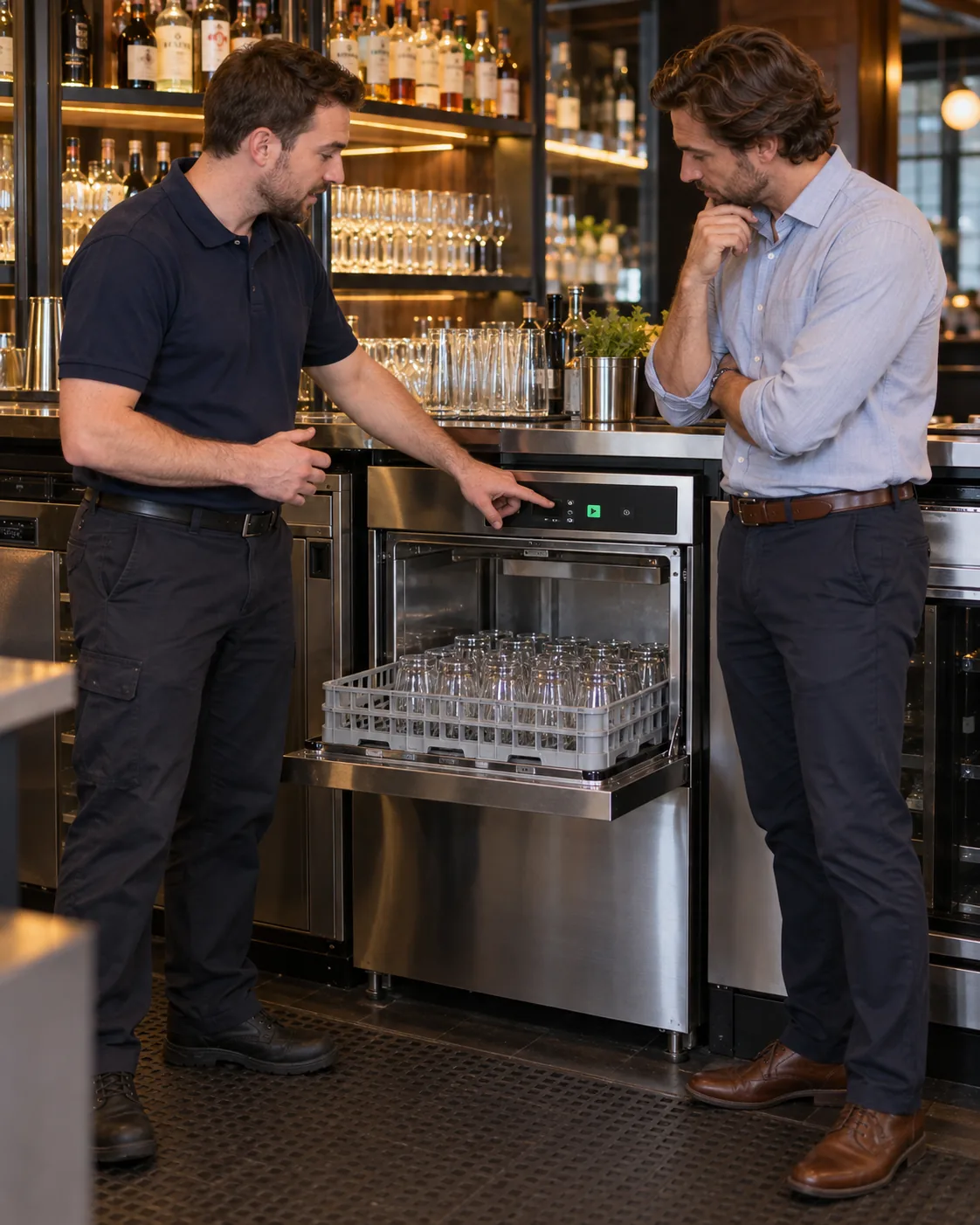 Technician explaining commercial glasswasher diagnostic findings to an Atlanta restaurant manager