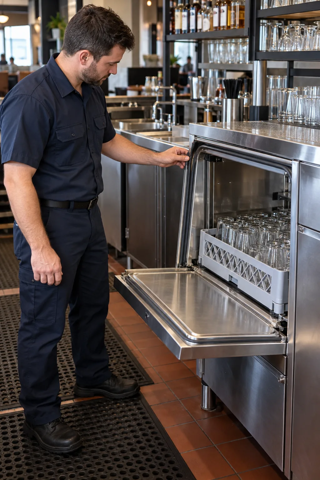 Technician inspecting a commercial glasswasher door gasket in a Tampa restaurant