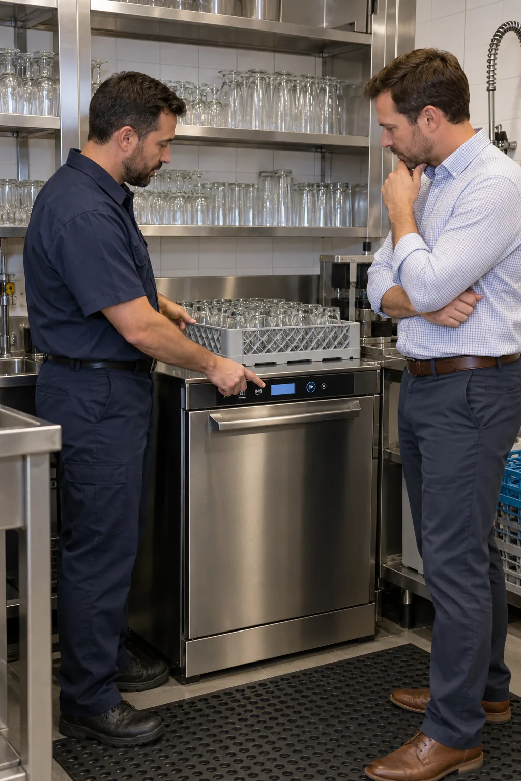 Technician explaining commercial glasswasher diagnostics to a Tampa restaurant manager