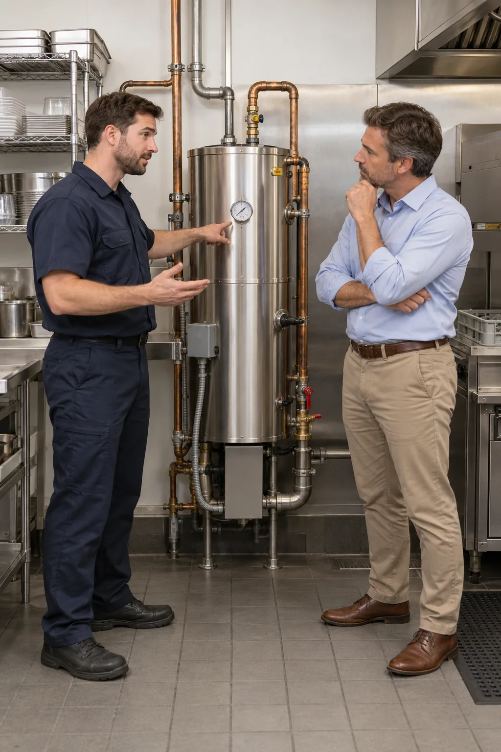 Technician explaining commercial booster heater diagnostics to an Atlanta kitchen manager