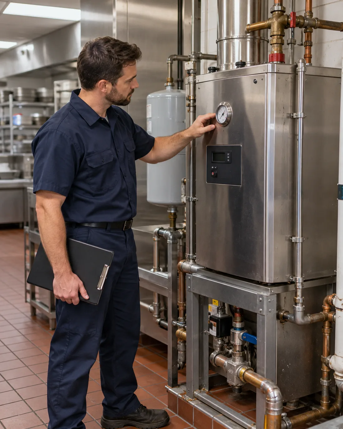 Technician inspecting a commercial booster heater temperature gauge in Tampa