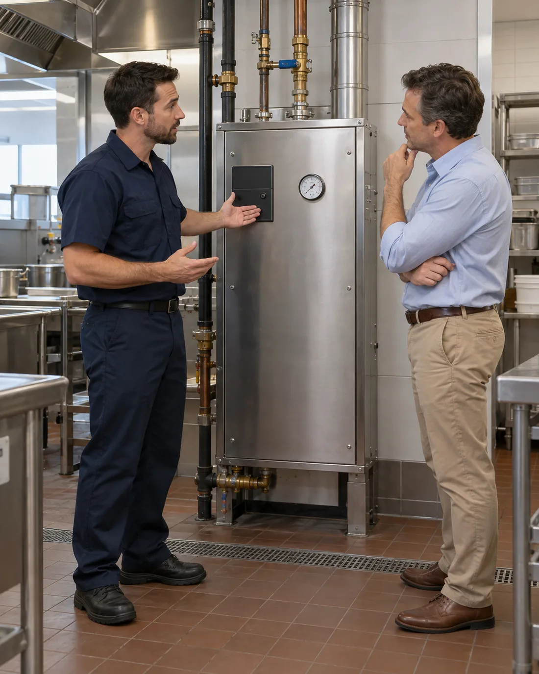 Technician explaining commercial booster heater diagnostics to a Tampa kitchen manager