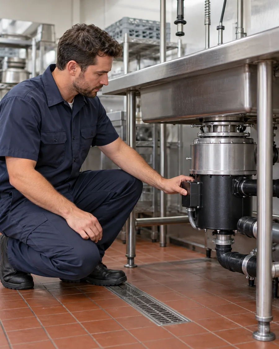 Technician inspecting a commercial food waste disposer in Atlanta