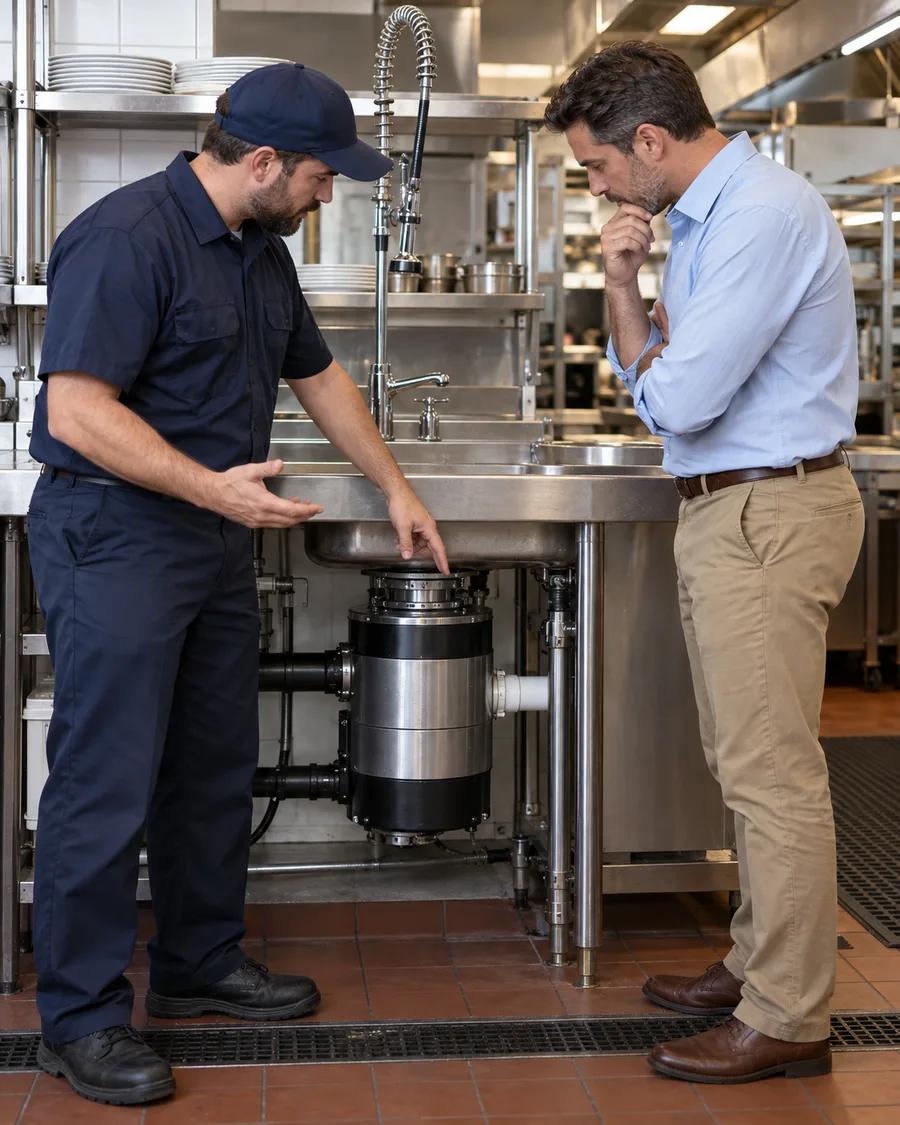 Technician explaining commercial food waste disposer diagnostics to an Atlanta kitchen manager