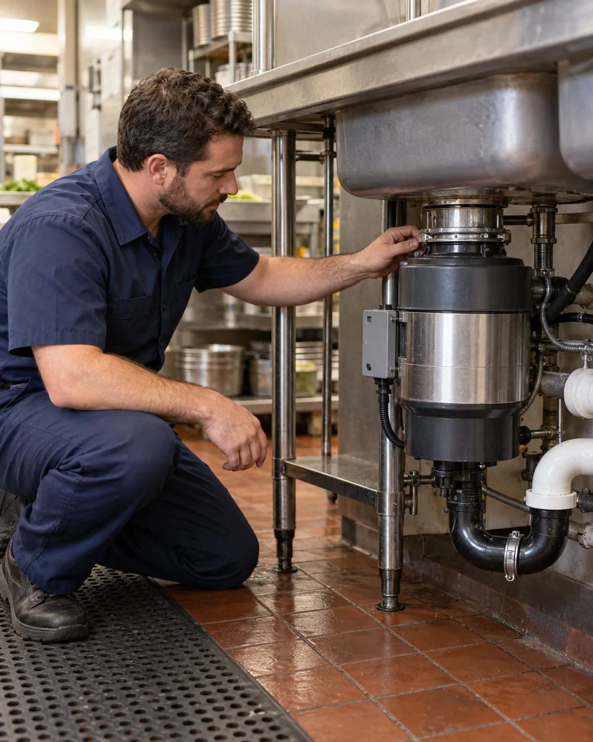 Technician inspecting a commercial food waste disposer in Tampa