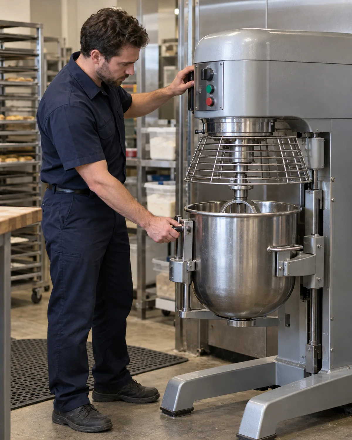 Technician inspecting a commercial planetary mixer in an Atlanta bakery