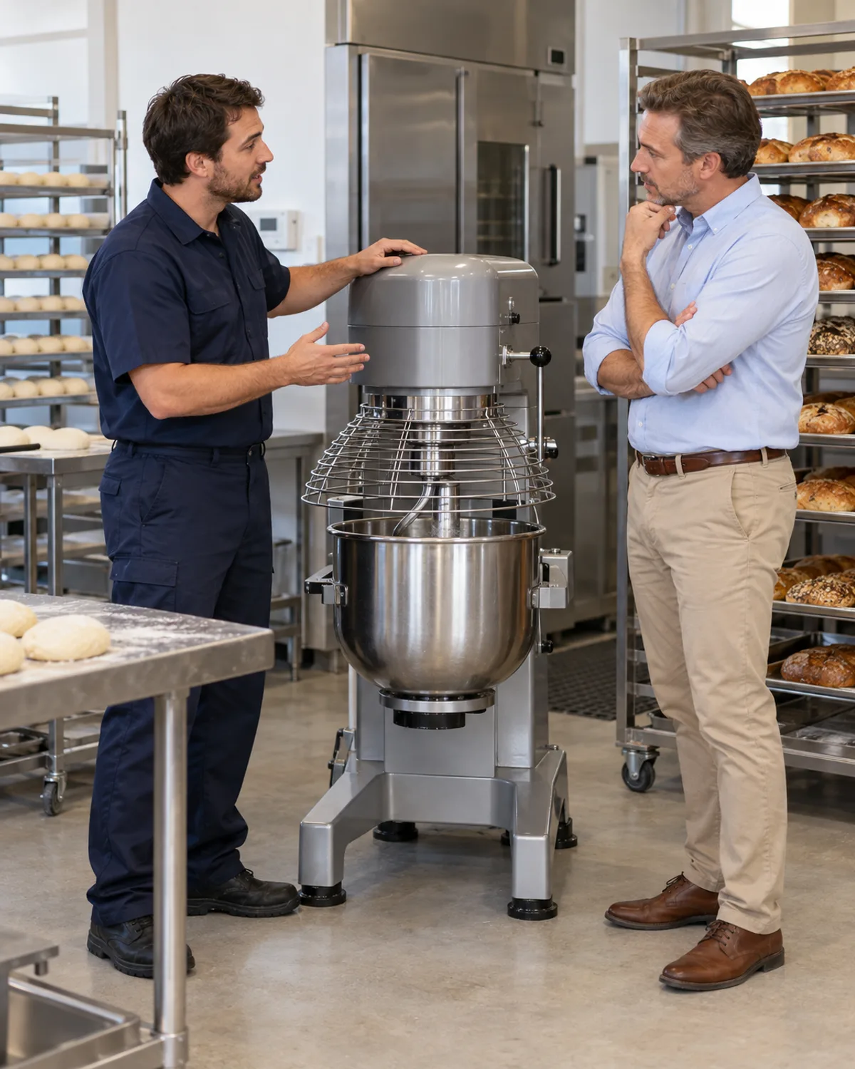 Technician explaining commercial planetary mixer diagnostics to an Atlanta bakery manager
