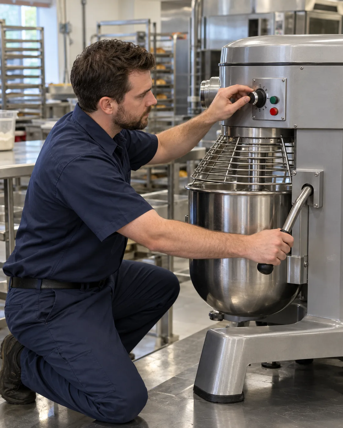 Technician inspecting a commercial planetary mixer in a Tampa bakery