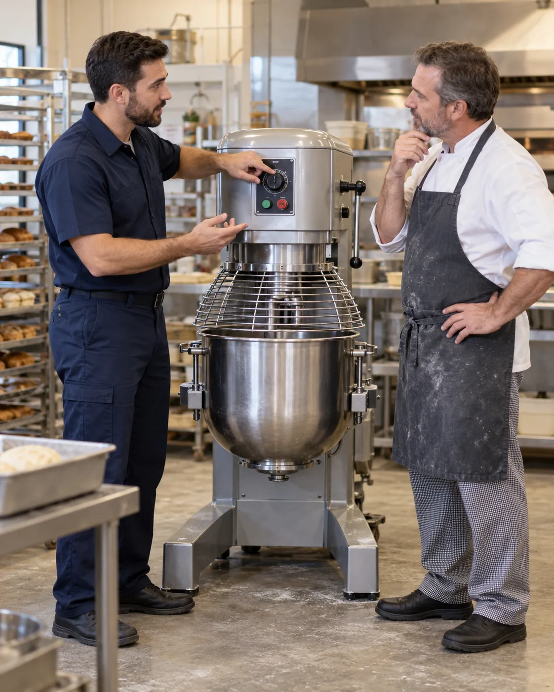 Technician explaining commercial planetary mixer diagnostics to a Tampa bakery manager