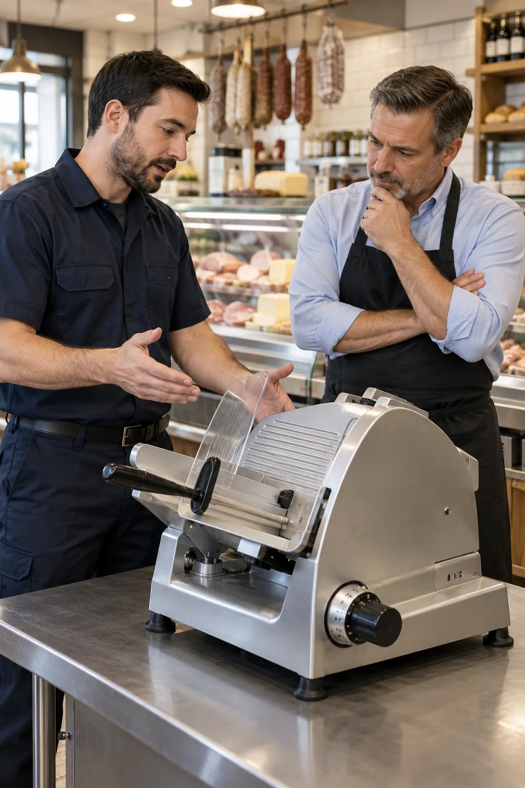 Technician explaining commercial slicer diagnostics to an Atlanta deli manager