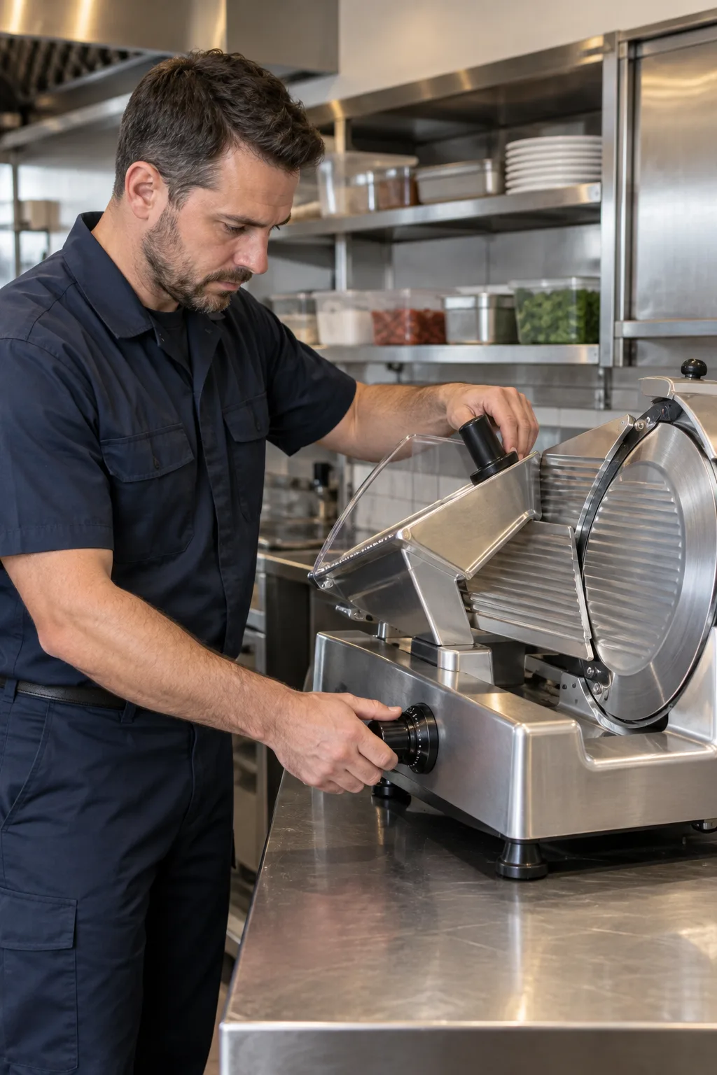 Technician safely inspecting a powered-off commercial slicer in an Atlanta deli