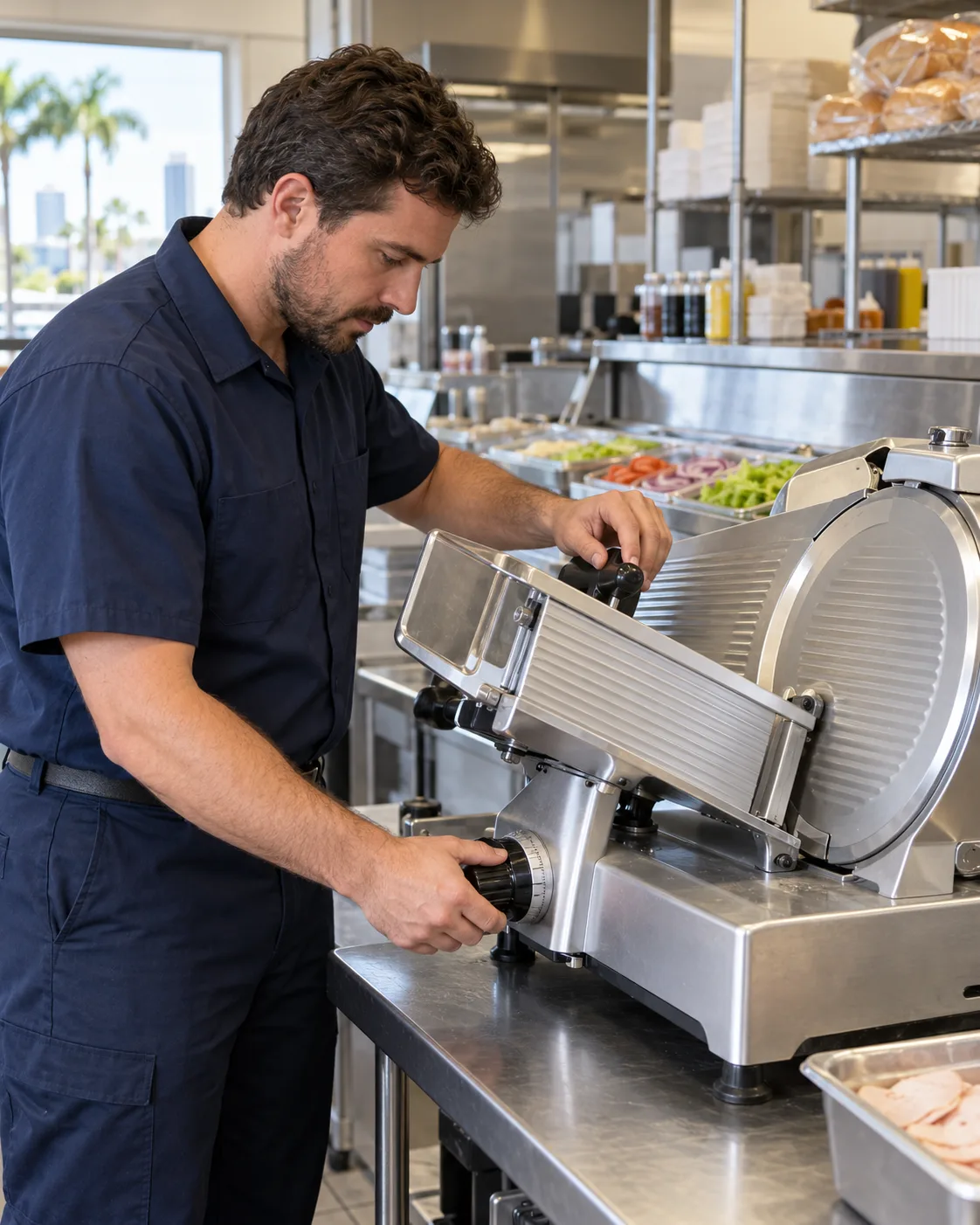Technician safely inspecting a powered-off commercial slicer in a Tampa deli
