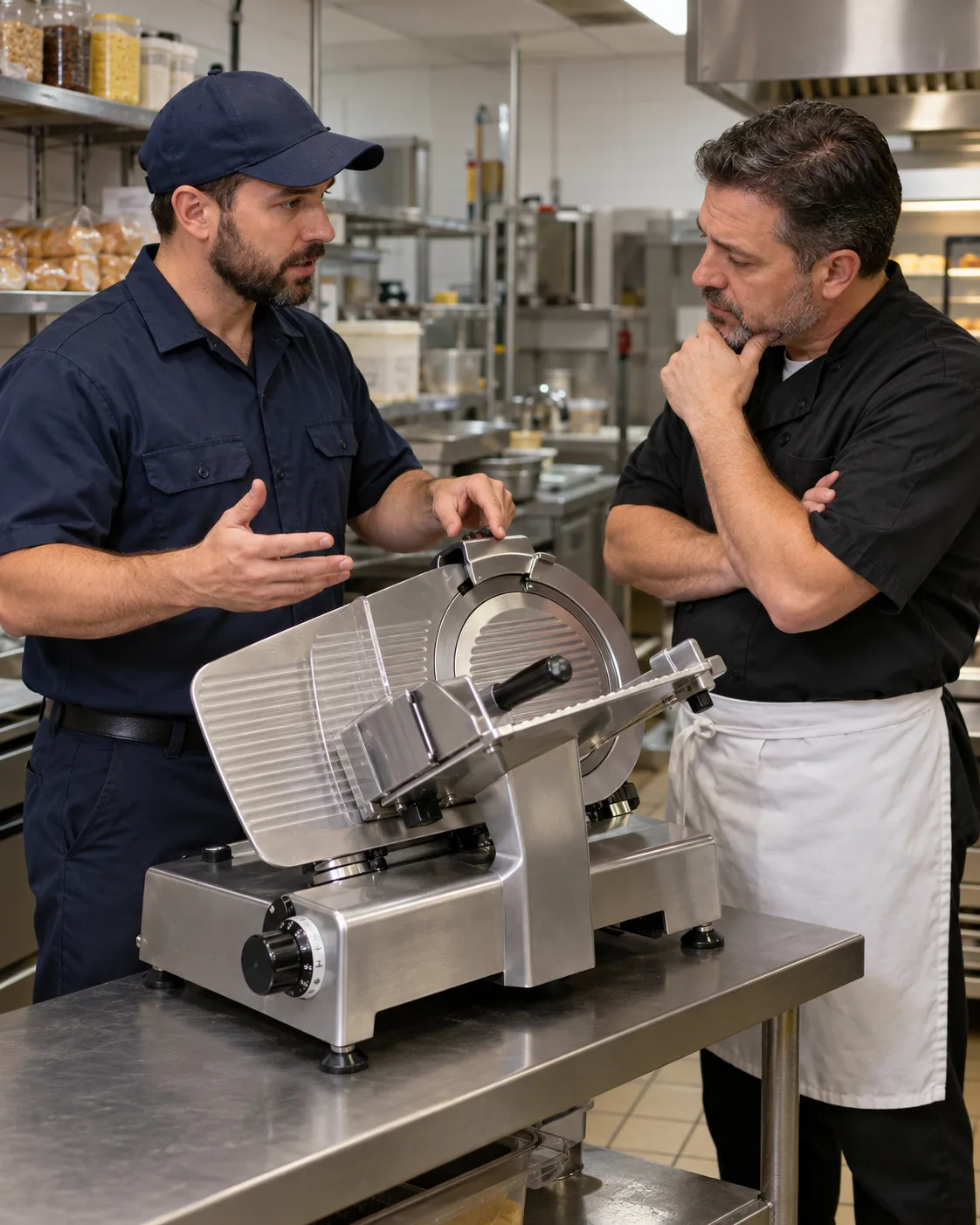 Technician explaining commercial slicer diagnostics to a Tampa deli manager