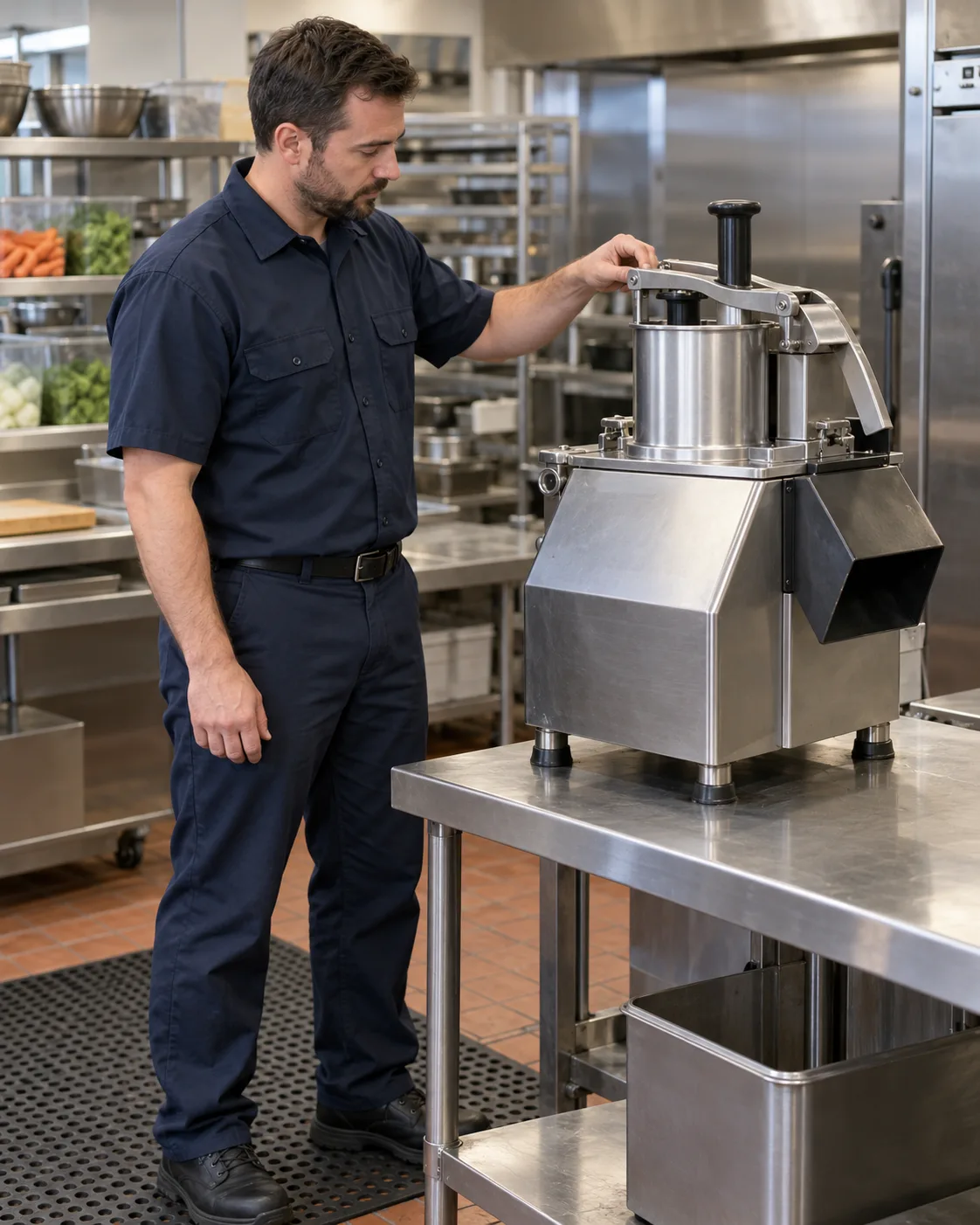 Technician inspecting a commercial vegetable preparation machine in an Atlanta kitchen