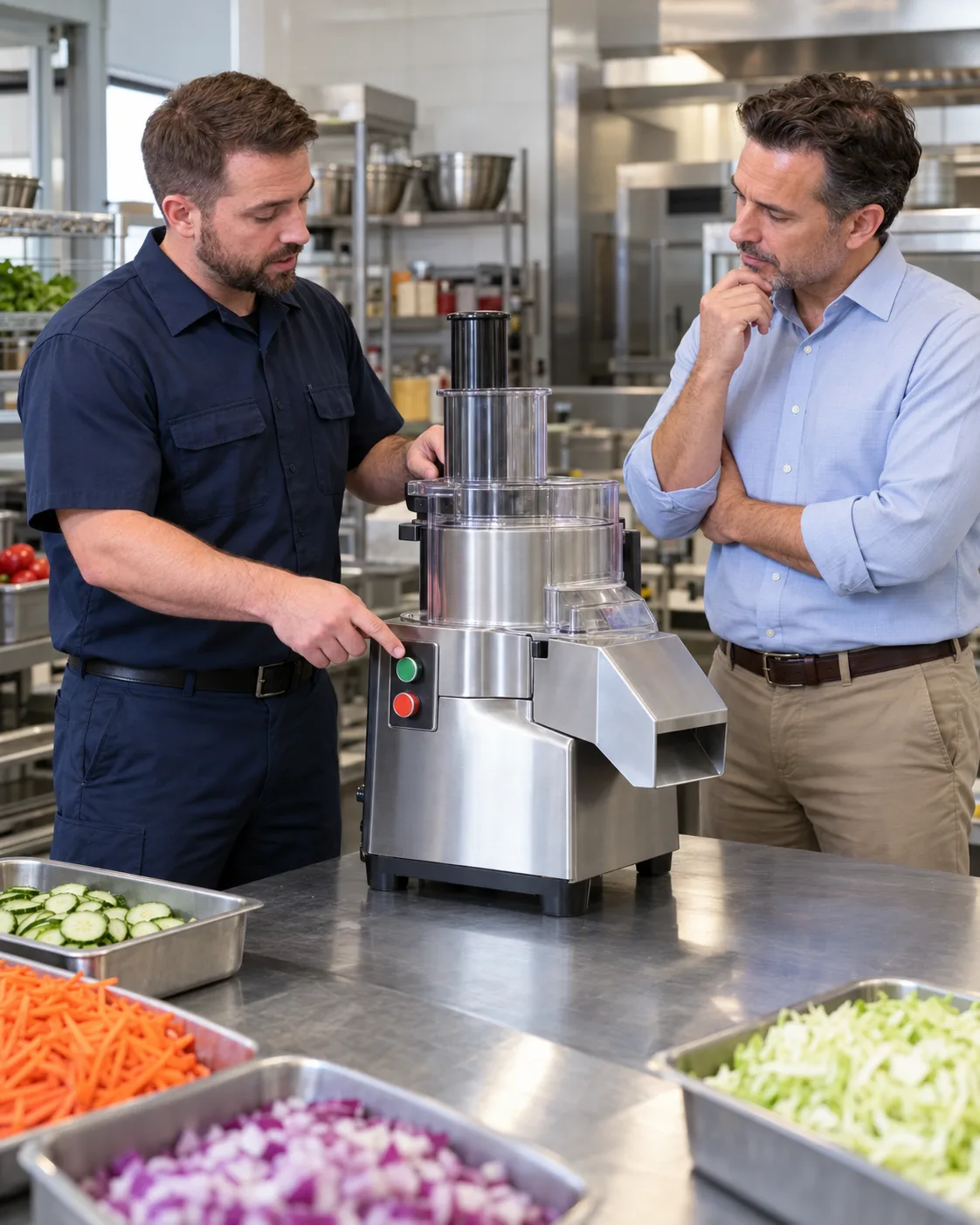 Technician explaining commercial food processor diagnostics to an Atlanta kitchen manager