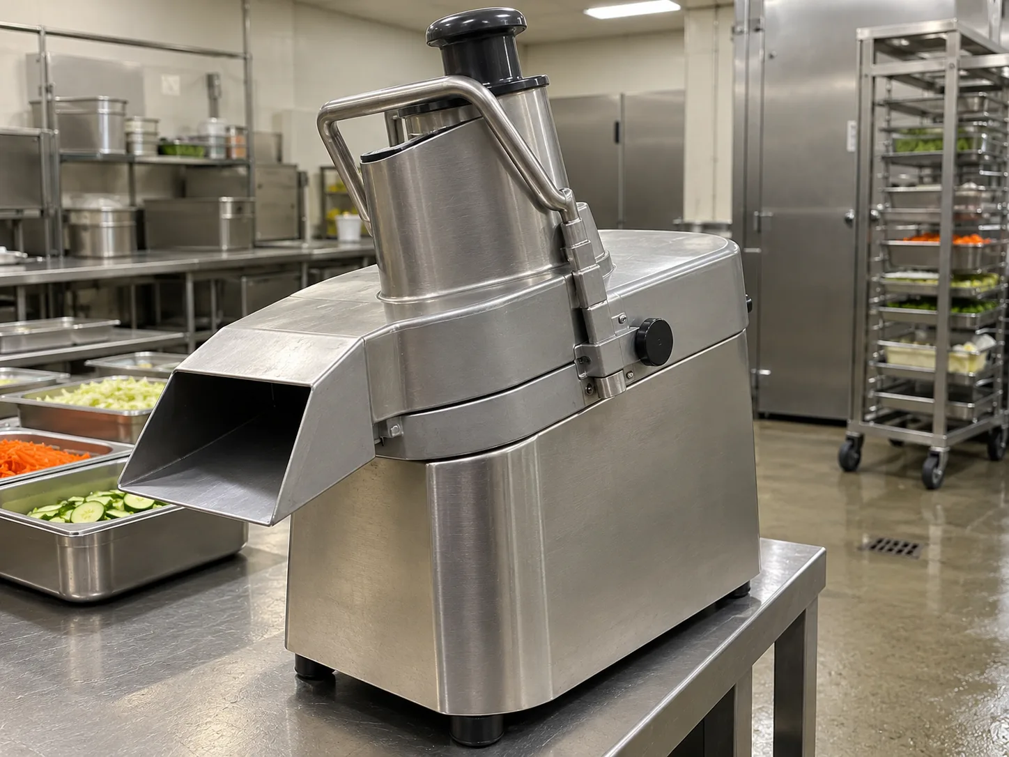 Continuous-feed commercial food processor after service