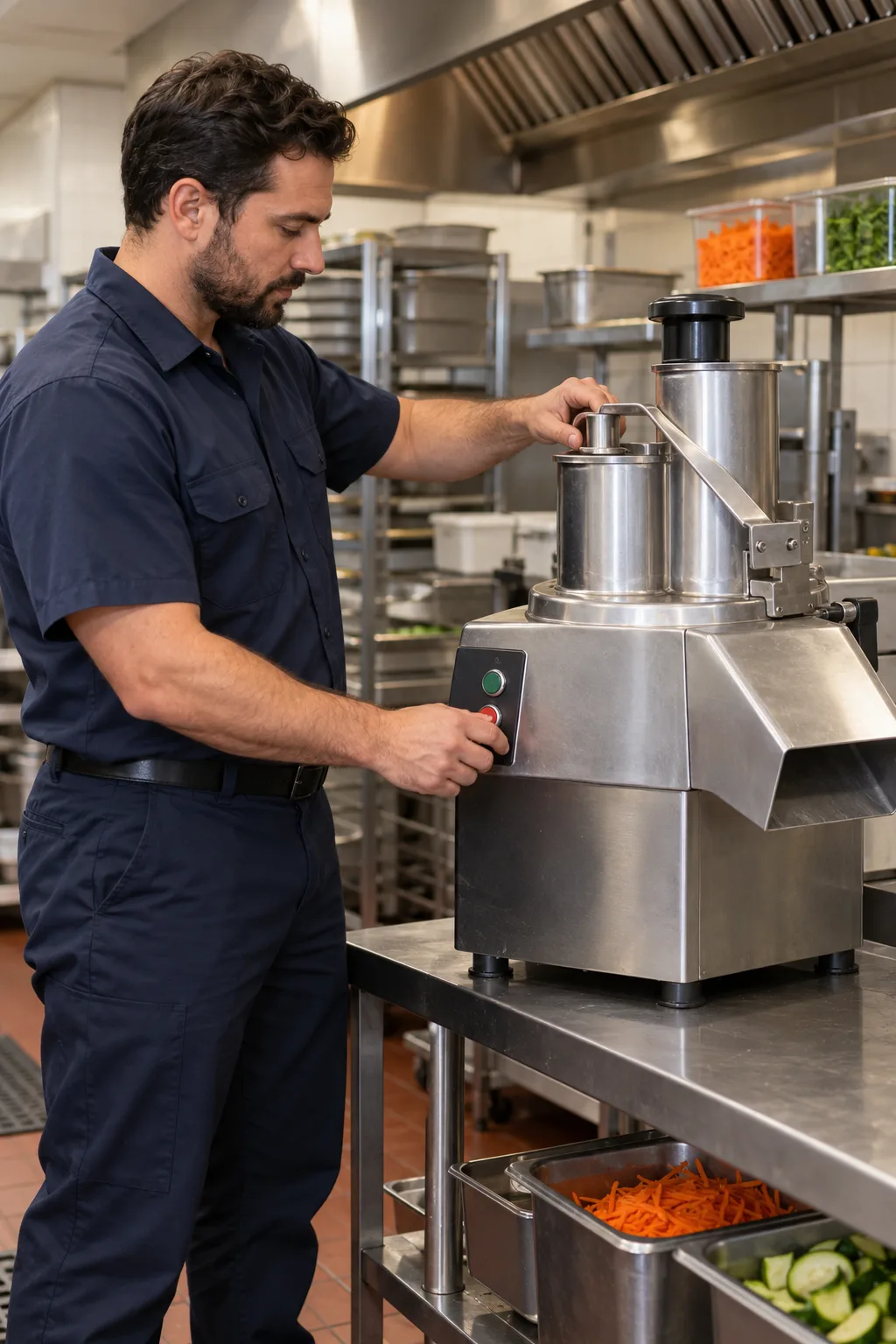 Technician inspecting a commercial vegetable preparation machine in an Tampa kitchen