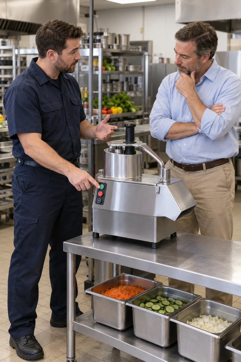 Technician explaining commercial food processor diagnostics to a Tampa kitchen manager