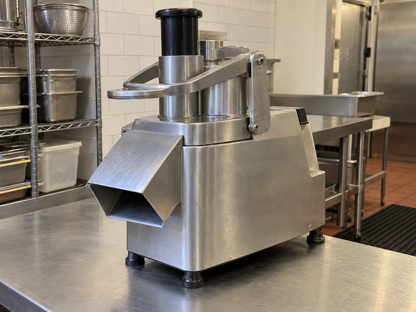 Continuous-feed commercial food processor after service