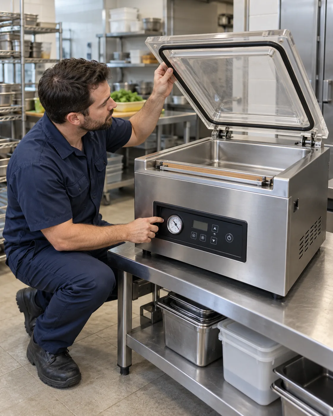 Technician inspecting a commercial chamber vacuum sealer in Atlanta