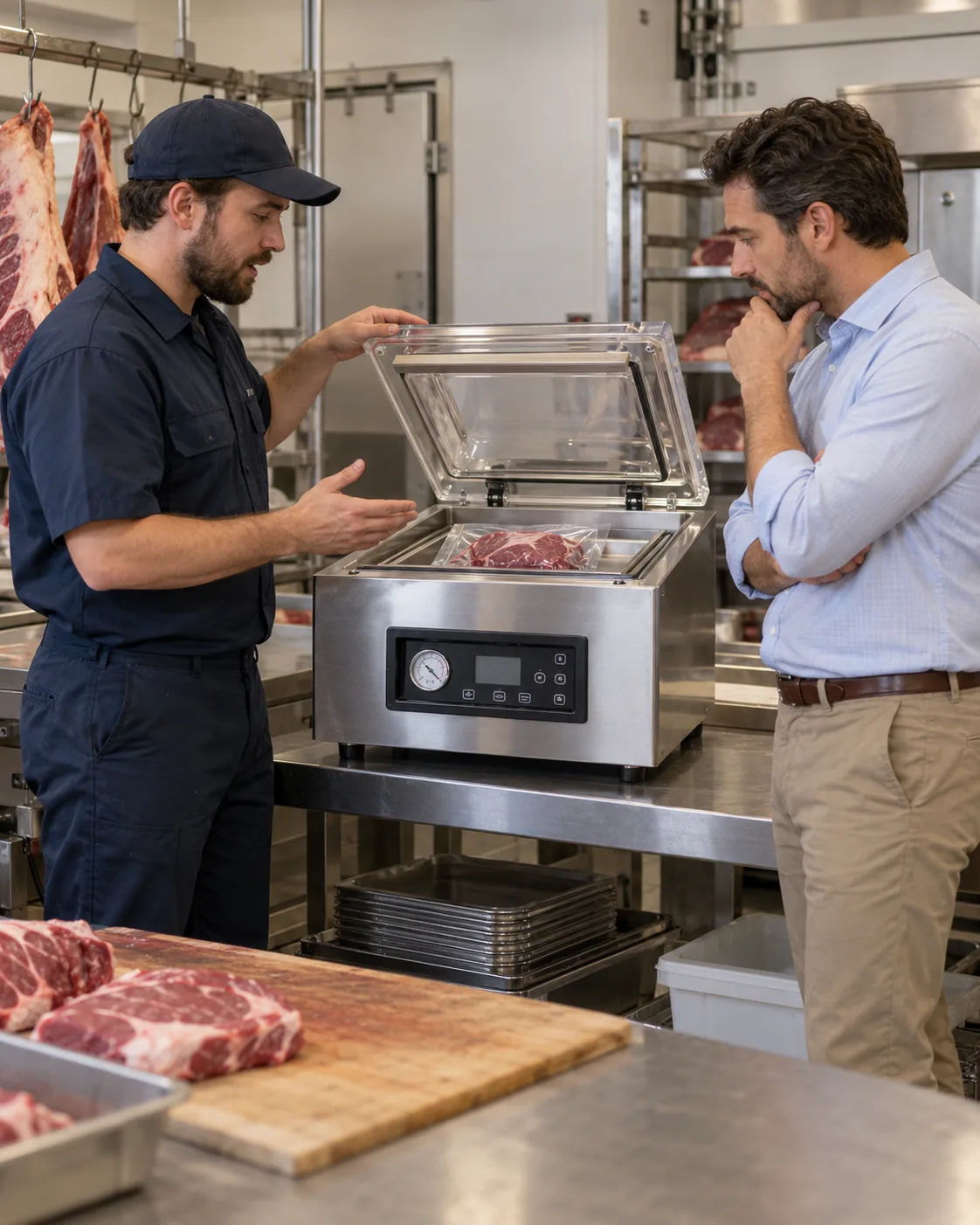 Technician explaining commercial vacuum sealer diagnostics to an Atlanta manager