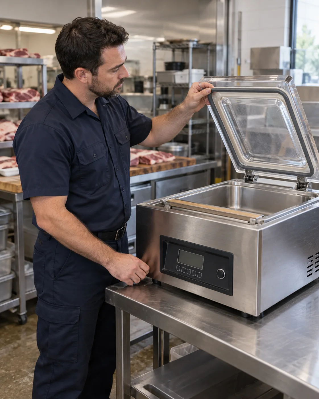Technician inspecting a commercial chamber vacuum sealer in Tampa