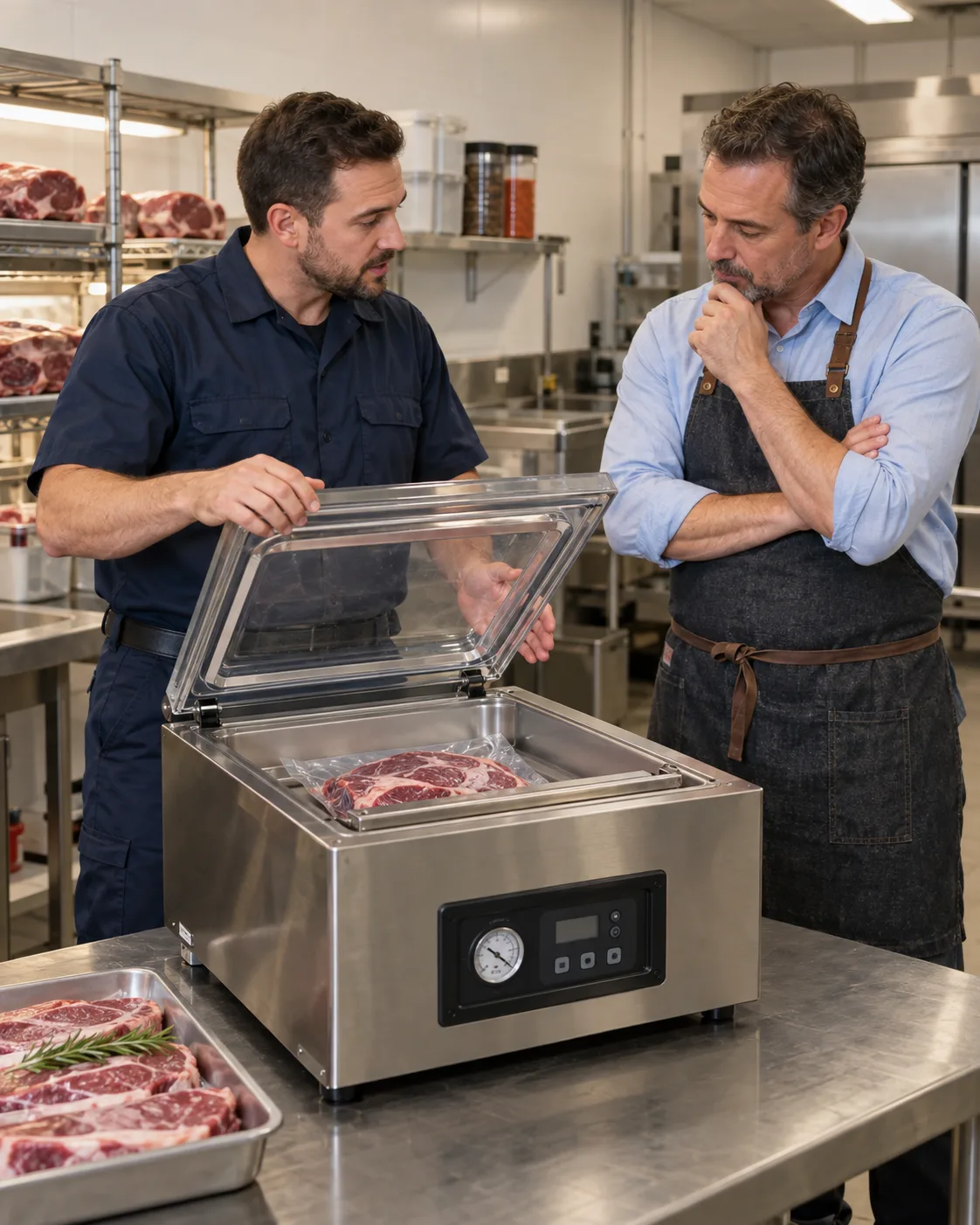 Technician explaining commercial vacuum sealer diagnostics to a Tampa manager