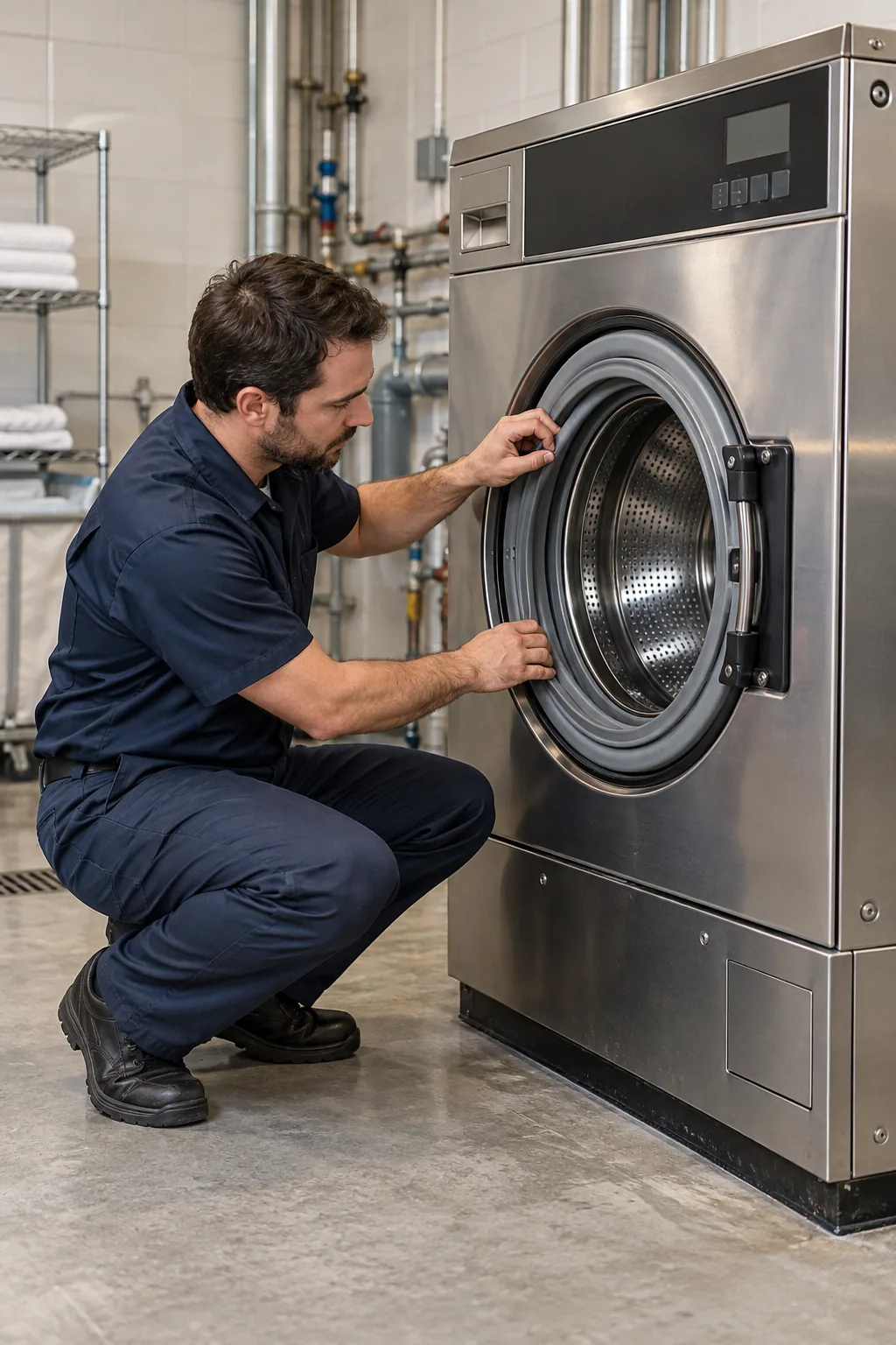 Technician inspecting a commercial front-load washer in Atlanta