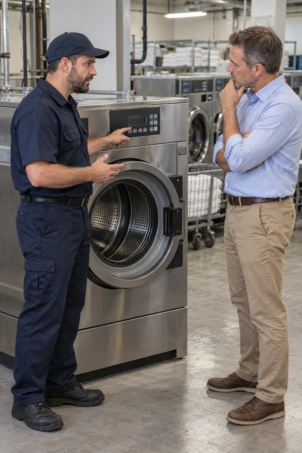 Technician explaining commercial washer diagnostics to an Atlanta facility manager