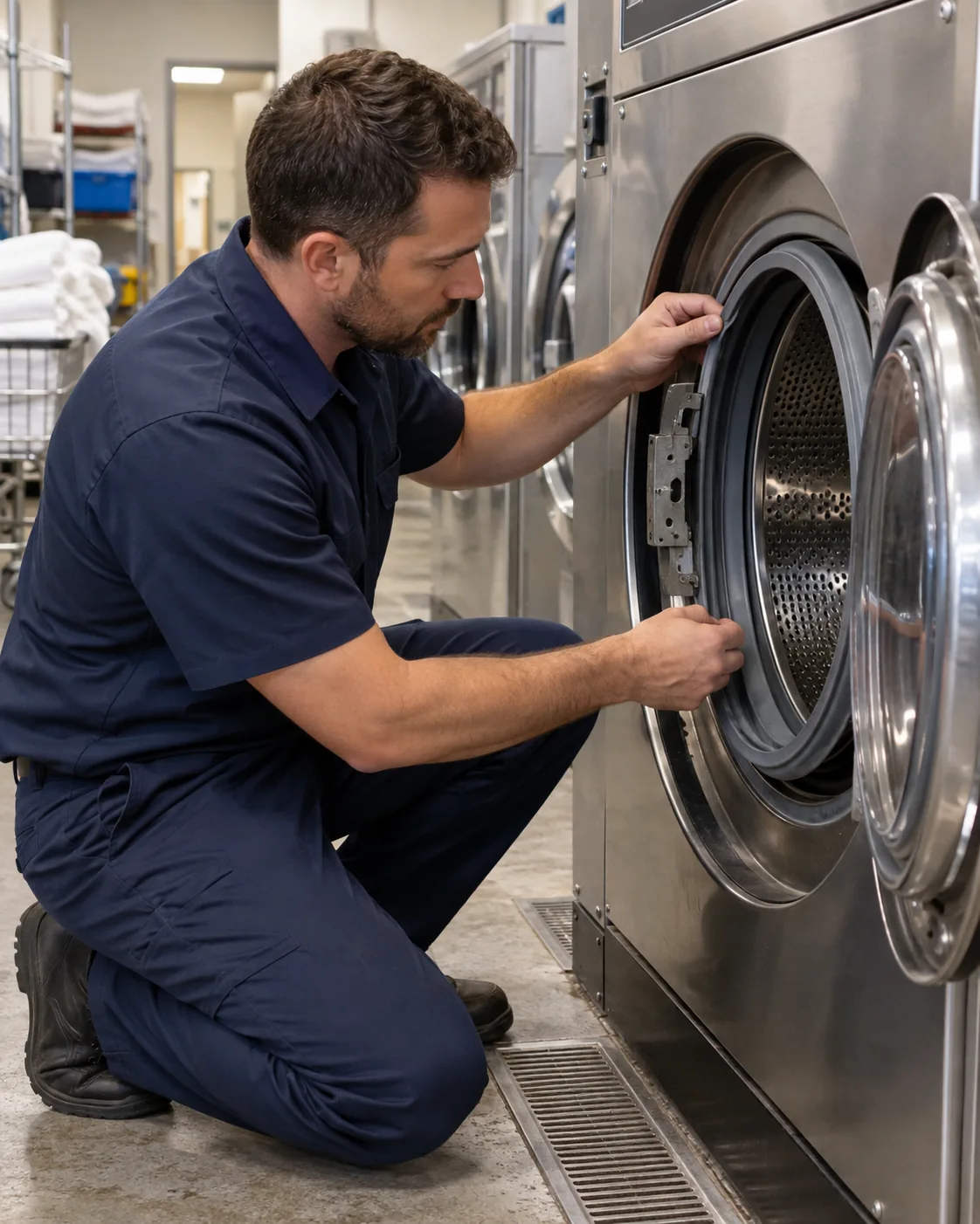Technician inspecting a commercial front-load washer in Tampa